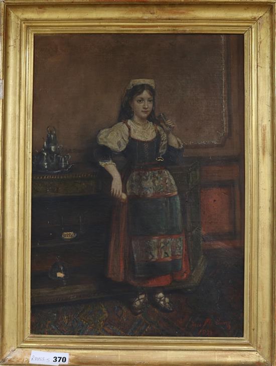 Ines M. Sanz, oil on canvas, interior with Spanish girl drinking from a wine glass, signed and dated 1873, 52 x 36cm